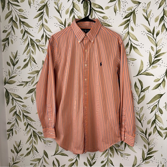 Ralph Lauren Cotton Button Down Shirt. 15 1/2. Medium. Orange and Blue Stripes. - Picture 2 of 8